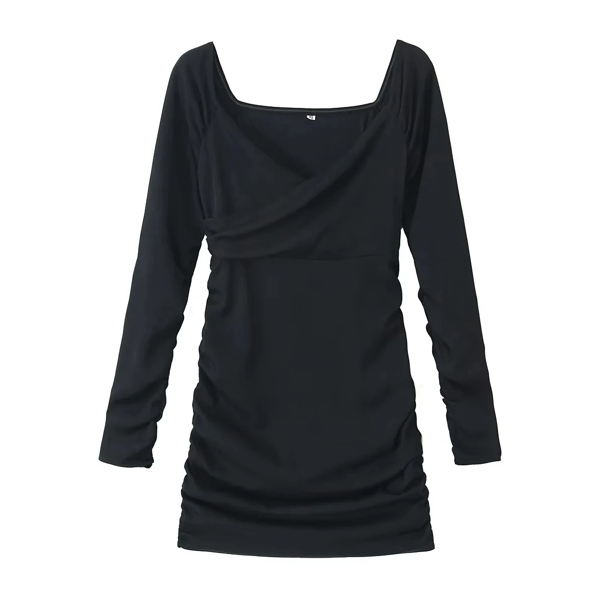 TRAF Сексуальные черные короткие платья для женщин Элегантное драпированное мини-платье Женская мода Вечерние платья с V-образным вырезом Женское платье с длинными рукавами