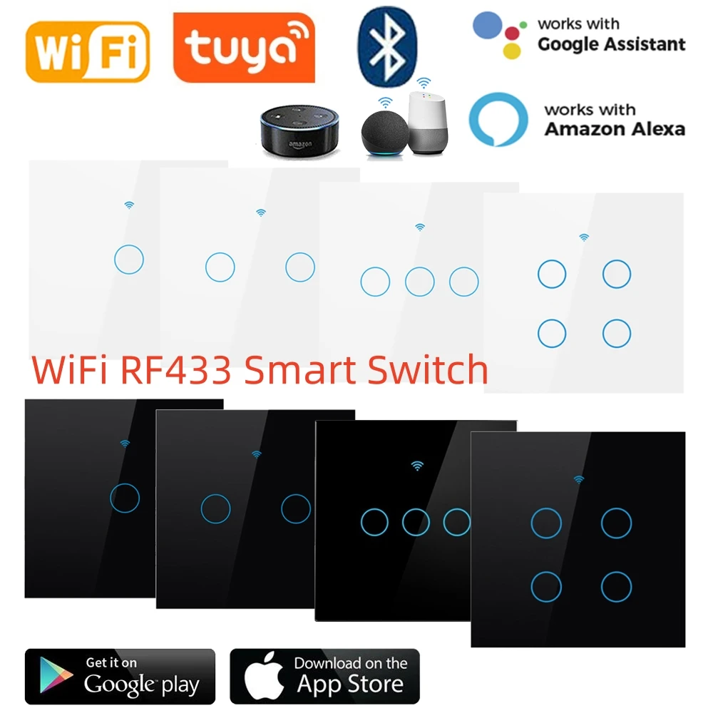Tuya WiFi Smart Touch Switch Bluetooth RF433 Single Fire Zero Fire Универсальный Настенный Выключатель Европейского Стандарта Работает С Alexa Google Home