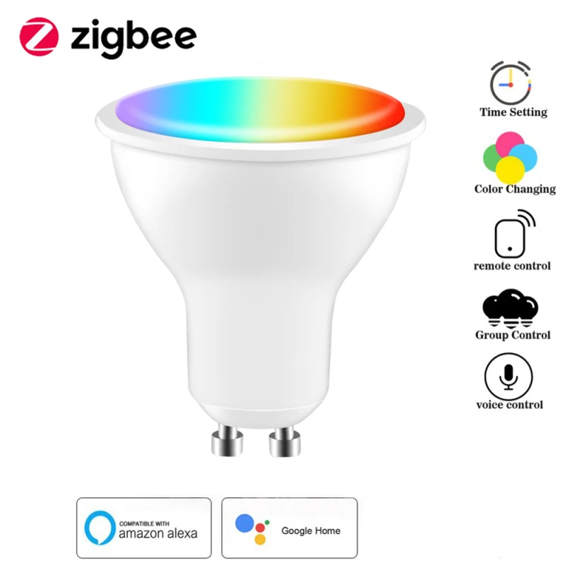 TUYA Zigbee Smart GU10 Лампочка Прожектор RGB + CCT 100-240 В 5 Вт Светодиодная Лампочка с Регулируемой Яркостью Голосовое Управление Работа С Alexa Google Hom