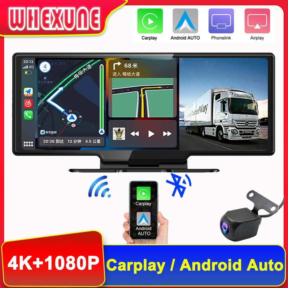 WHEXUNE 10,26-Дюймовая Автомобильная Зеркальная Камера Заднего Вида 4K WiFi GPS Carplay и Android Auto Wireless Dashboard Navi DVR FM AUX Видеомагнитофон