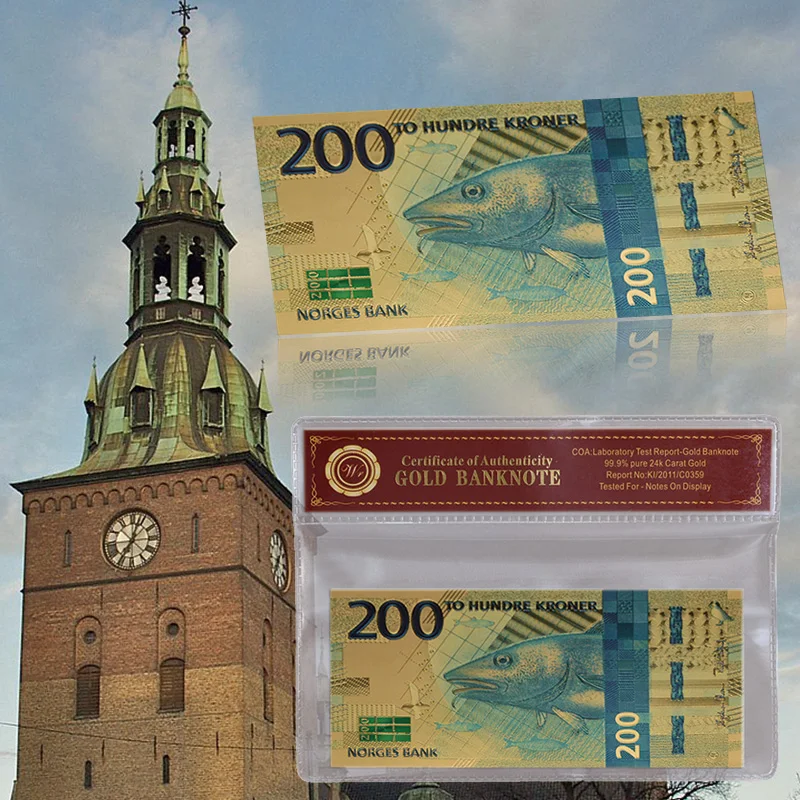 WR Норвегия 200 крон 2017 Новые золотые банкноты Новогодние подарки Норвежская банкнота из цветной золотой фольги в рамке COA для коллекции