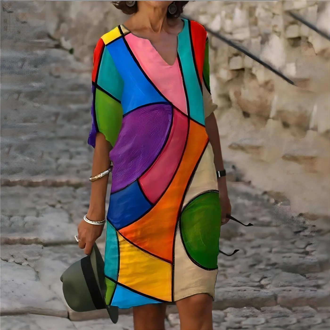 Y2k Европа И Соединенные Штаты Плюс Размер Осеннее Новое Женское Модное Свободное платье С Цифровым принтом и V образным вырезом