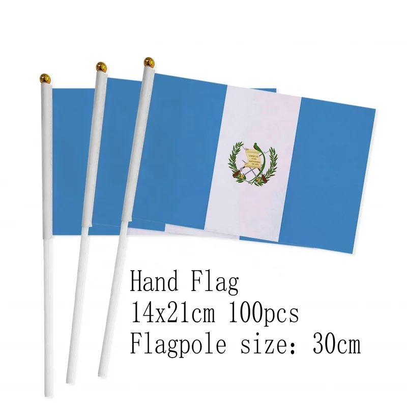 zwjflagshow Гватемала Ручной Флаг 14*21 см 100шт полиэстер Гватемала Маленький Ручной развевающийся Флаг с пластиковым флагштоком для украшения