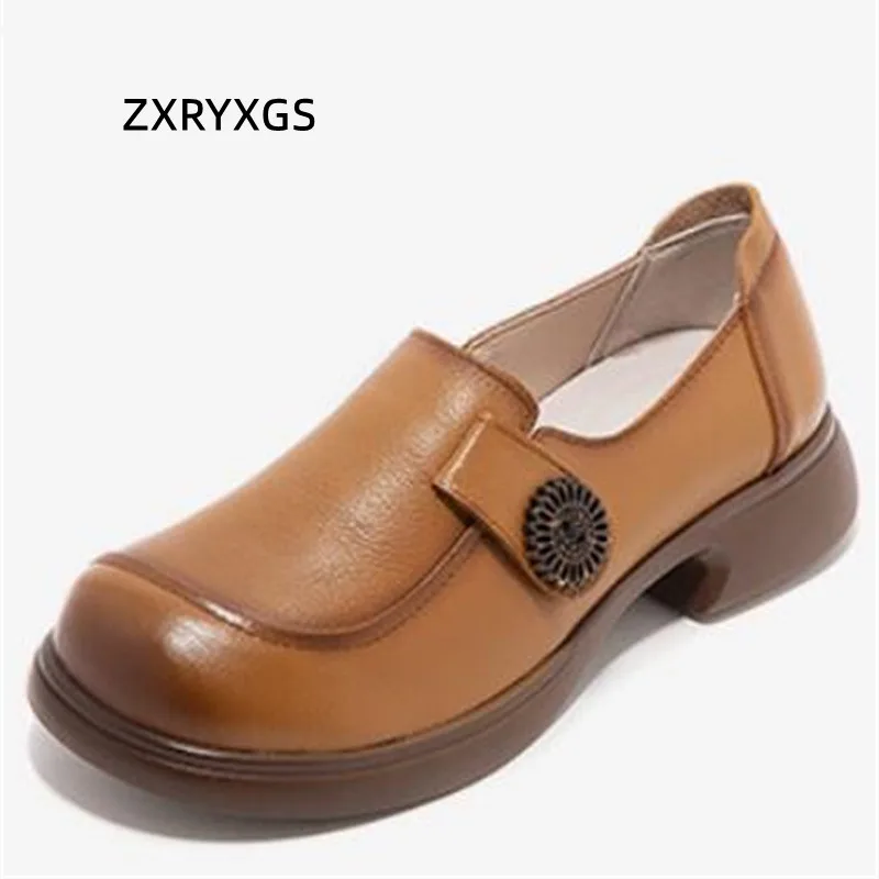 ZXRYXGS 2023/ Новинка весны, комфортная кожаная обувь из воловьей кожи премиум-класса с круглым носком, Мягкая подошва, Туфли на низком каблуке, элегантная модная обувь