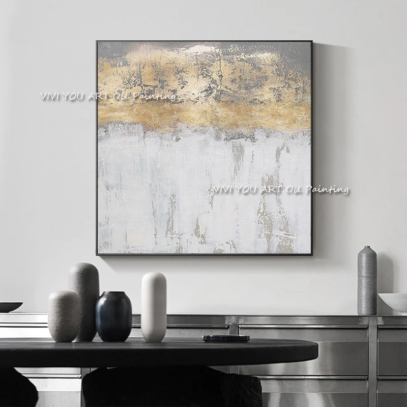 Абстрактная простая картина маслом Океан из золотой фольги Серый холст 100% ручной работы Современный для гостиной Настенные панно Украшение дома