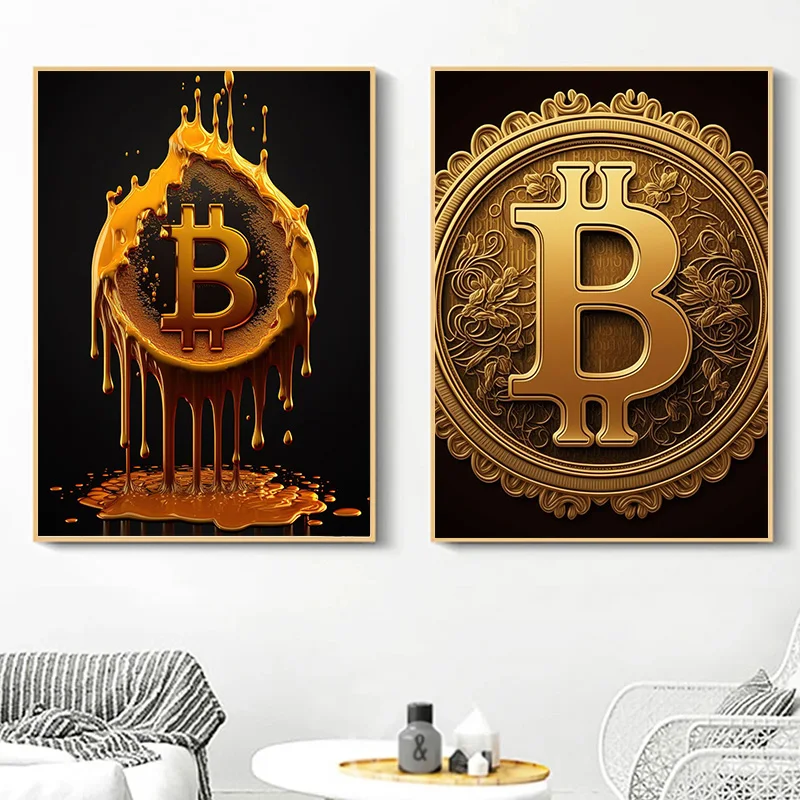 Абстрактный золотой плакат с биткойнами, картина на холсте, криптовалюта, настенное искусство для современной гостиной, домашний декор Cuadros
