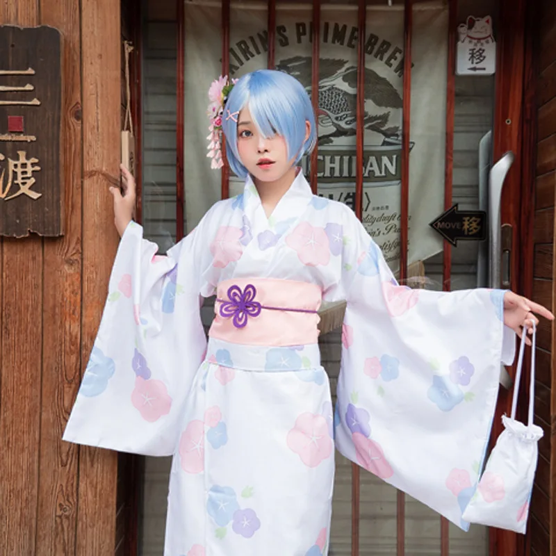 Аниме Ram Кимоно Японский халат Традиционный этнический костюм Rem для косплея Женское платье с цветочным принтом одежда для выступлений в стиле Лолиты