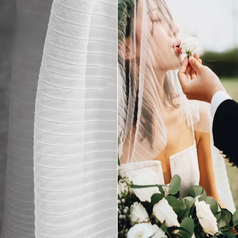 Белая плиссированная перспективная сетчатая ткань для шитья свадебного платья 