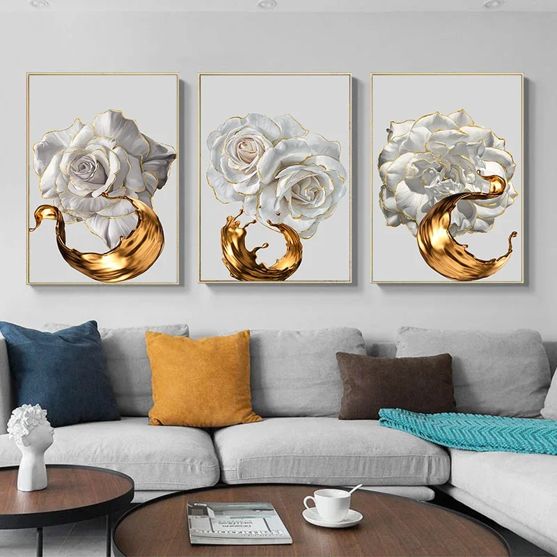 Белая роза, всплеск золотых чернил, абстрактный плакат, Скандинавское художественное растение, современная настенная картина для декора гостиной Оптом