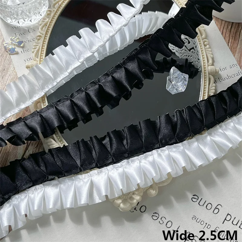 Белая черная атласная лента шириной 2,5 см, 3D плиссированная кружевная ткань, лента, платье в стиле Лолиты, отделка рюшами, декор для шитья одежды ручной работы