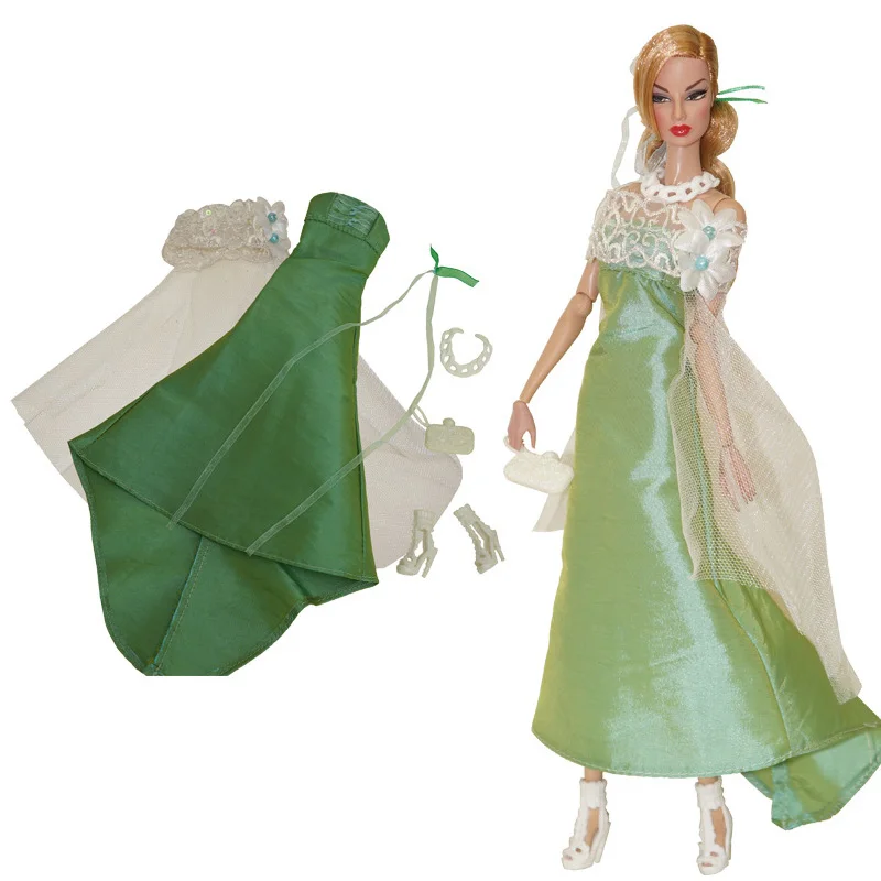 Бело-зеленый комплект модной одежды для Барби Наряды 1/6 Куклы Аксессуары для Барби Вечернее платье Обувь Сумка Ожерелье