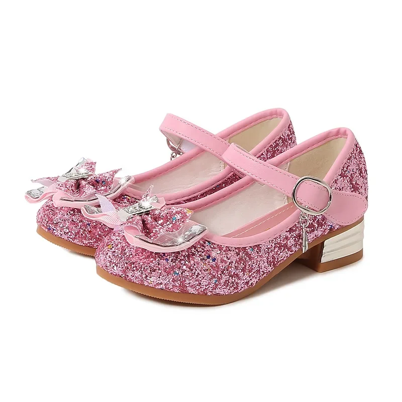 Блестящие туфли для девочек с бантом для свадебной церемонии, детские туфли на высоком каблуке, подарочная обувь для танцевального представления принцессы