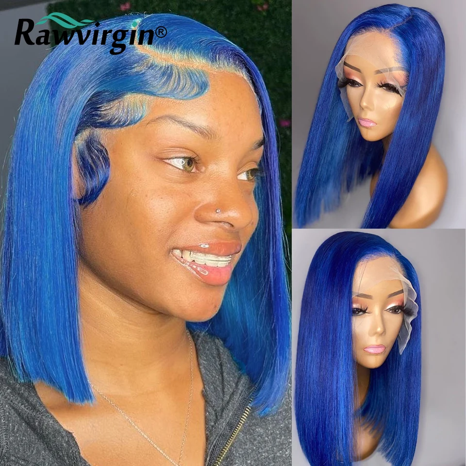 Блестящий синий короткий парик-боб из натуральных волос на кружеве, парики для женщин, прозрачный парик из натуральных волос на кружеве 613 цветов, бразильский парик из натуральных волос