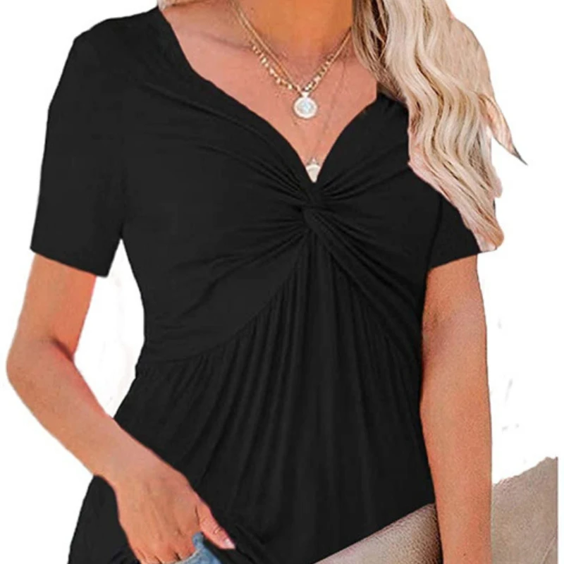 Блузка Женская Летняя Новая Однотонная Крученая футболка с глубоким V-образным вырезом и коротким рукавом, Повседневная женская футболка с подкладкой Женская Куртка Damska Bluza