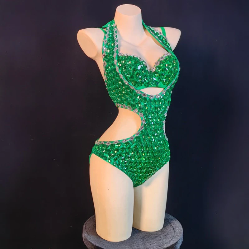 Боди с зелеными крупными стразами, сексуальные костюмы танцовщицы Gogo, Женский полый наряд для танцев на шесте, Одежда для ночных клубов, Dj Ds Stage Rave, 6726