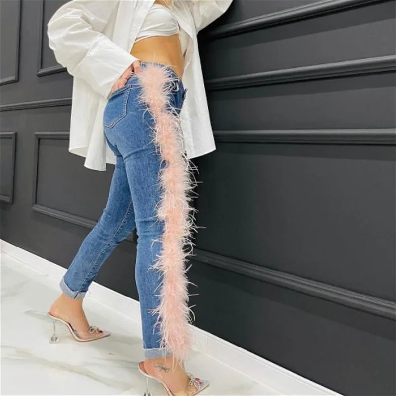 Боковая строчка из страусиного пера с высоким качеством, эластичные джинсы-карандаш для ног, женские