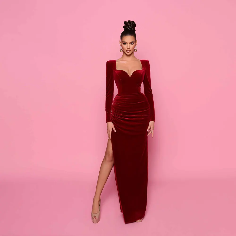 Бордовое бархатное Прямое платье для выпускного вечера 2024 с длинными рукавами в виде сердца, Сексуальное Вечернее платье с высоким разрезом сбоку, сшитое на заказ для женщин, Гала-вечер