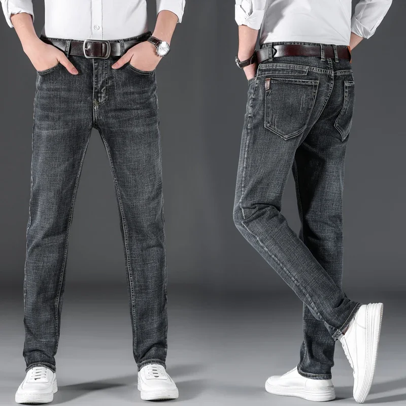 Бренд 2023, прямые синие и черные джинсы прямого кроя, классические деловые повседневные мужские офисные модные узкие брюки