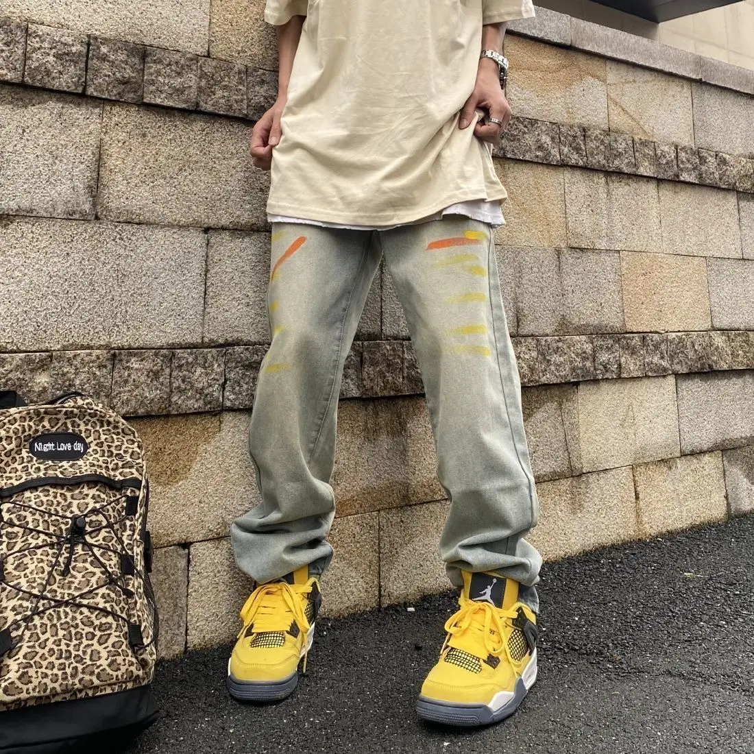 Брюки в американском стиле, модные уличные мужские винтажные джинсы в пятнах чернильно-желтой грязи, хип-хоп брюки с прямыми штанинами