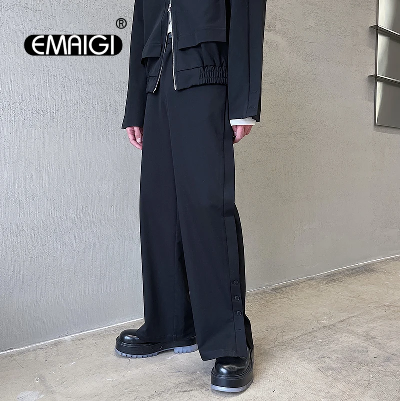 Брюки с разрезами на пуговицах, мужская Японская Корейская уличная мода, Свободный Повседневный костюм, брюки, Мужские Винтажные Прямые брюки с эластичной резинкой на талии