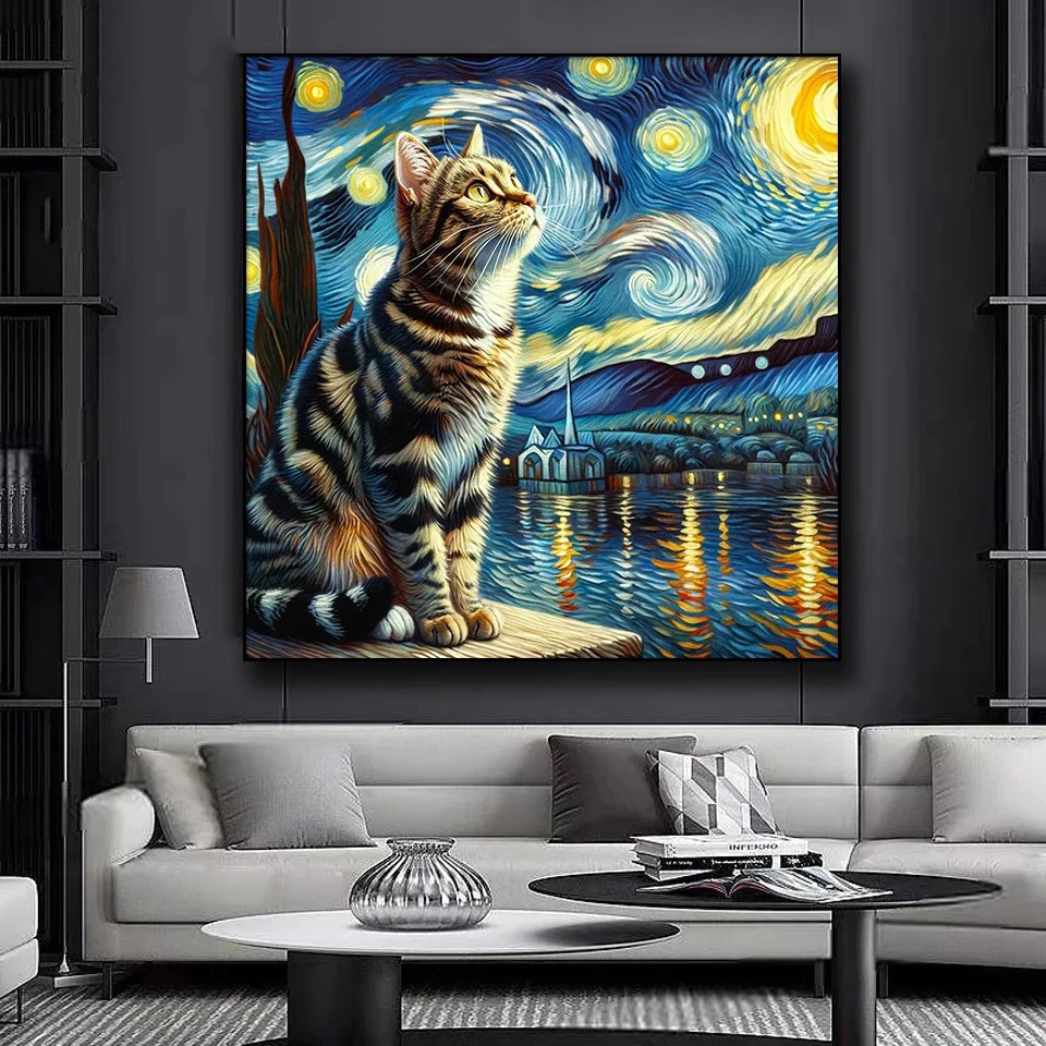 Ван Гог, кот на реке Сена, Алмазная живопись, полное квадратное / круглое сверло, Подсолнух, кошки 5D, Набор для вышивания ручной работы A868