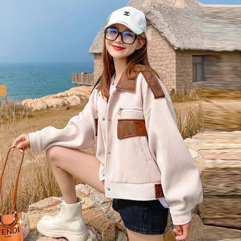 Вельветовая Куртка Женская Короткая 2023 Осень Новая Корейская Версия Сладкого Контрастного Цвета Свободный Повседневный Топ Универсальное Пальто Ins Fashion