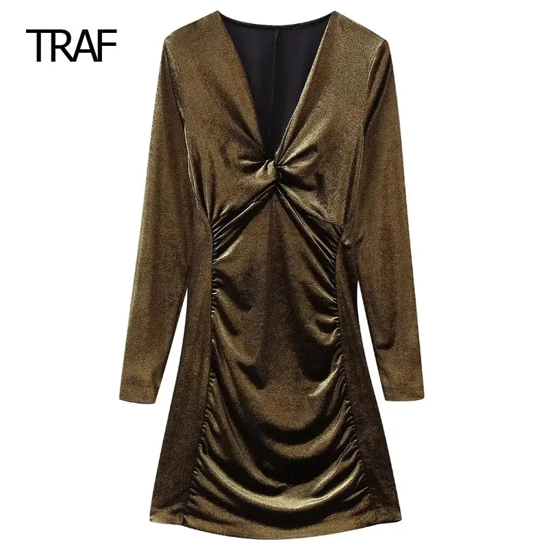 Вельветовое платье с оборками от TRAF, женское платье, осень-зима, платья с V-образным вырезом и длинными рукавами, обернутые металлической фольгой, Элегантное вечернее платье для женщин