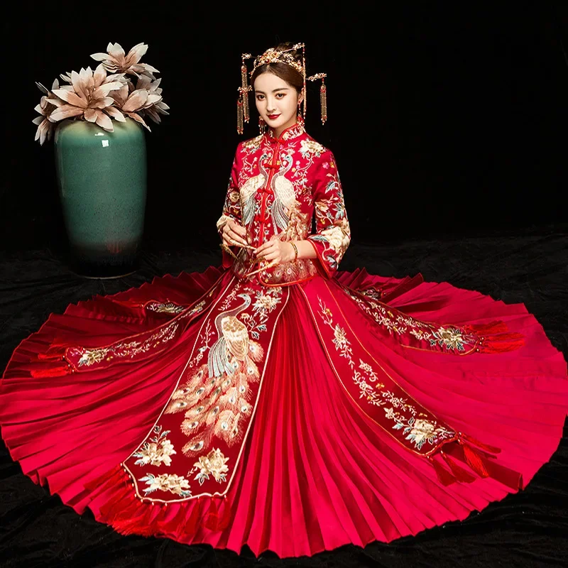 Вертикальный воротник, обтягивающий талию, кисточка Гоухуа, Китайское традиционное свадебное платье, женский костюм, вышитое Китайское свадебное платье Для пары