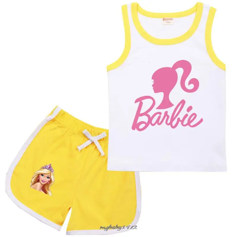 Весенний жилет для девочек, летняя детская одежда из хлопка с принцессой Барби, комплекты из 2 предметов, спортивные детские костюмы, костюм для мальчиков и девочек, модная детская одежда