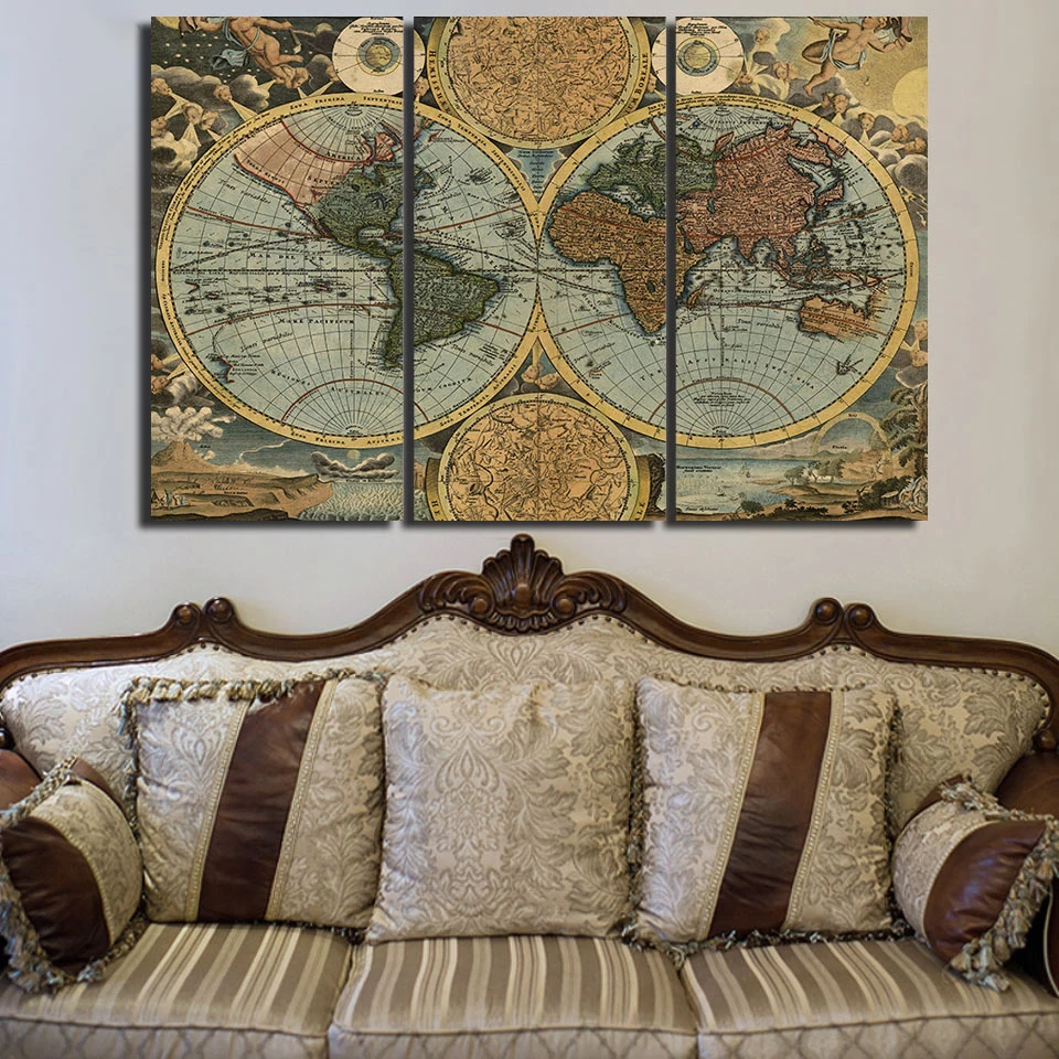Винтажная карта мира, холст, картина, линия широты и долготы, картины, стены для украшения гостиной, художественные плакаты и принты