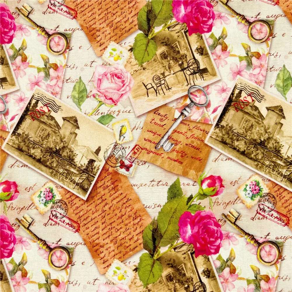 Винтажная открытка с розами, плакат, 100% Хлопчатобумажная ткань, Модный Женский материал, Лоскутное шитье, Лоскутное одеяло, Рукоделие, ткань 