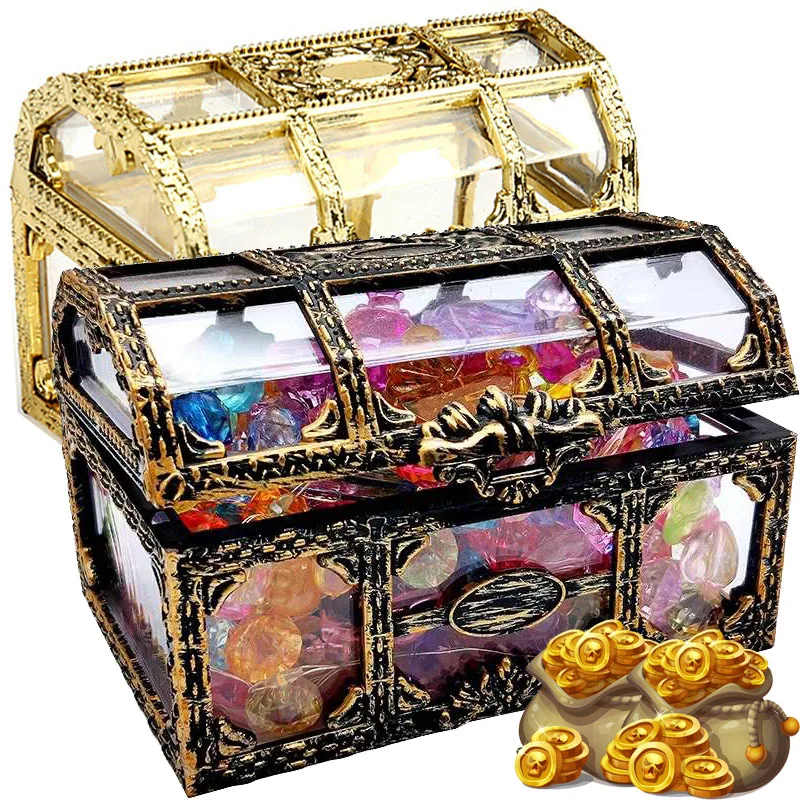 Винтажная Пиратская Золотая Шкатулка для монет, Ретро Прозрачный Пиратский Сундук с сокровищами, футляр для ювелирных изделий с кристаллами, Органайзер для хранения, Брелок на память