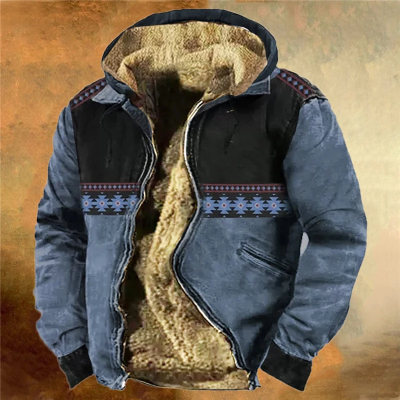 Винтажное флисовое пальто со свободной подкладкой, осень-зима, толстовка с капюшоном и завязками, Куртки 2023, Мужская верхняя одежда с длинным рукавом и принтом