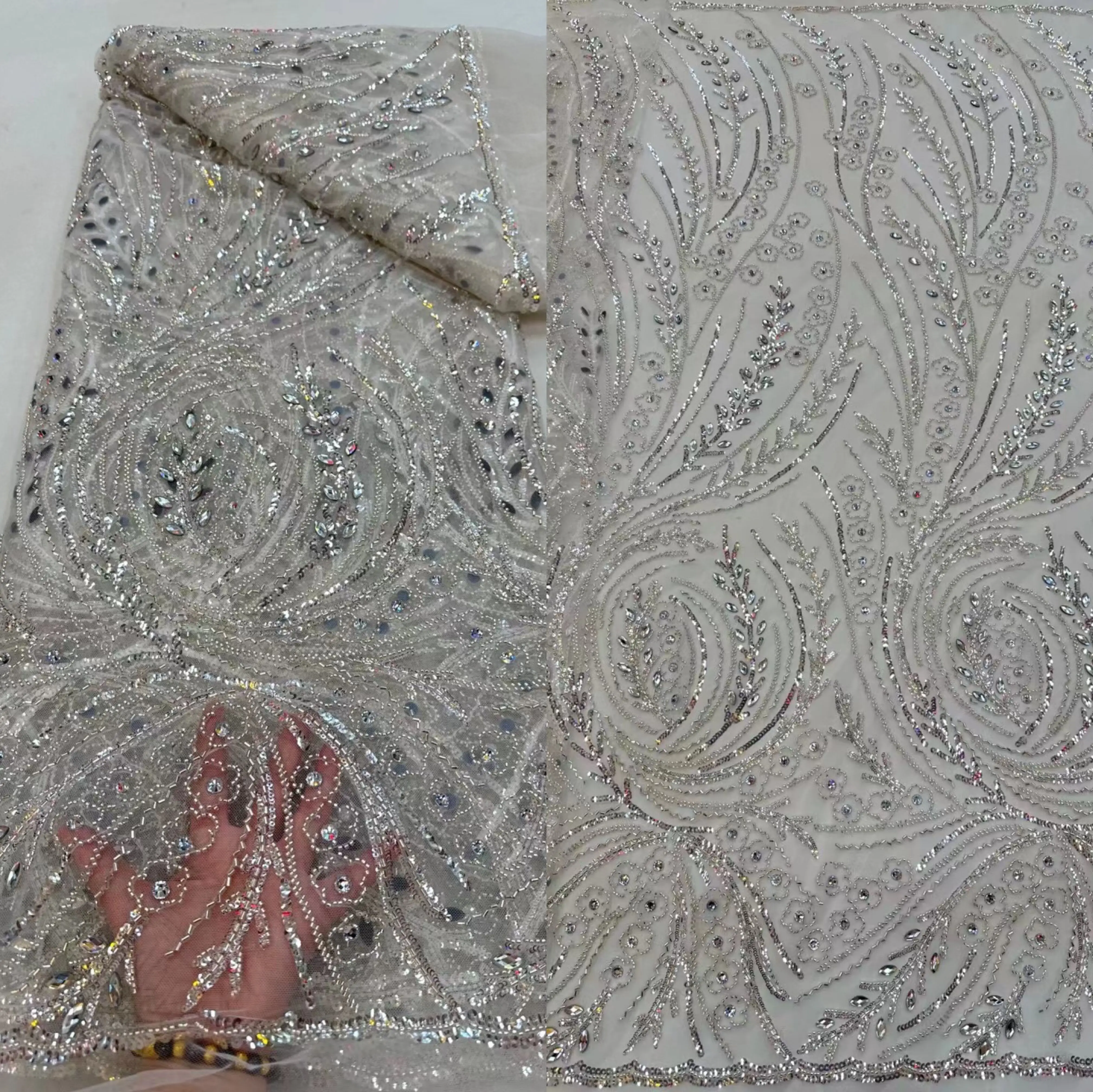 Высококачественная модная кружевная ткань S-13022018 из африканского тюля с блестками и бисером для пошива свадебного платья