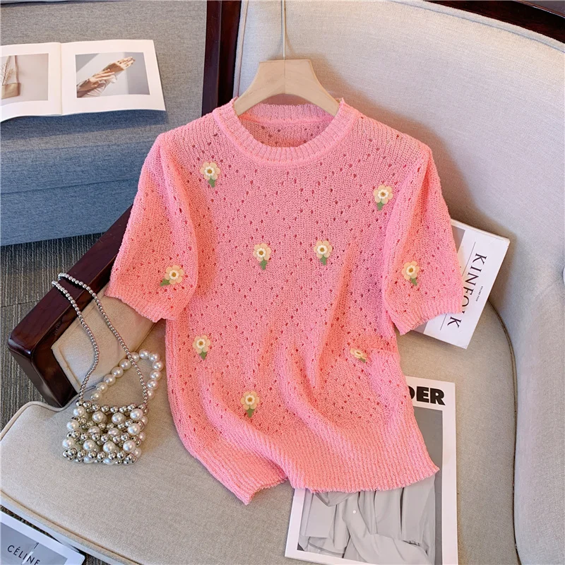 Вязаная футболка с коротким рукавом в виде розового цветка, женские летние 2023, Винтажные открытые свитера, футболки с круглым вырезом, женские трикотажные топы, тройники