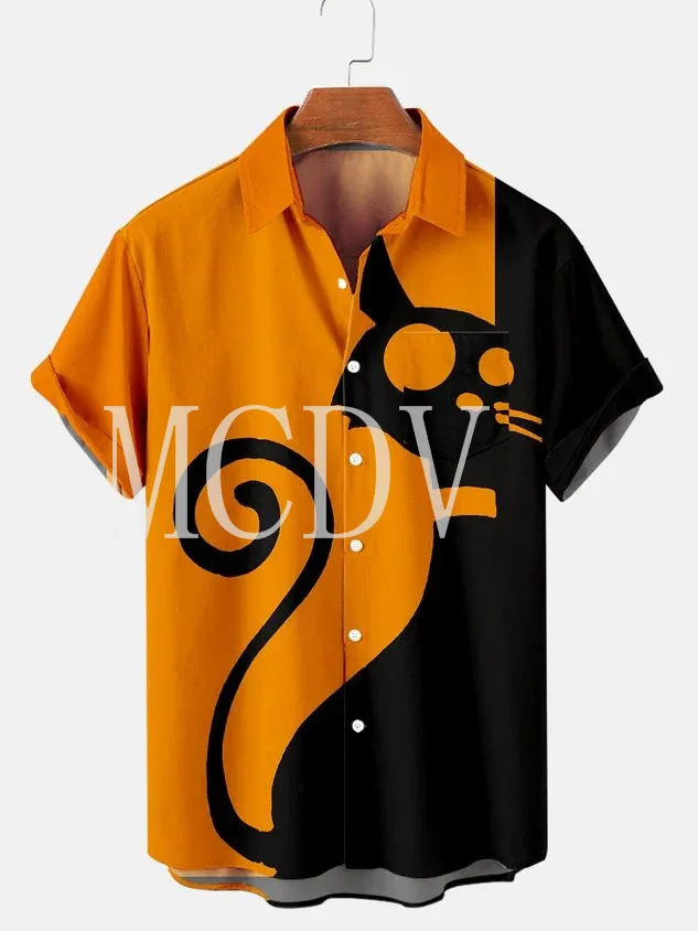 Гавайская рубашка с 3D рисунком кота на Хэллоуин, мужская и женская повседневная дышащая гавайская рубашка с коротким рукавом