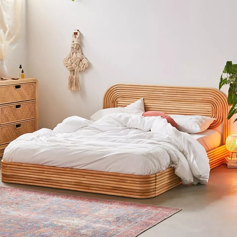 Двуспальная 1,5-метровая ротанговая кровать, плетеная из массива дерева ротанга в японском стиле, 1,8-спальная кровать, современная спальня из натурального дерева небольшого размера