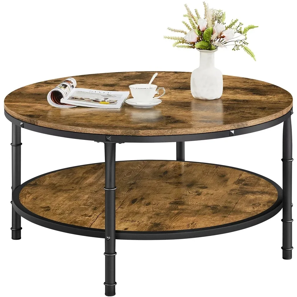 Двухслойный винтажный круглый журнальный столик, деревенская коричневая мебель для гостиной, сверхпрочный металлический каркас