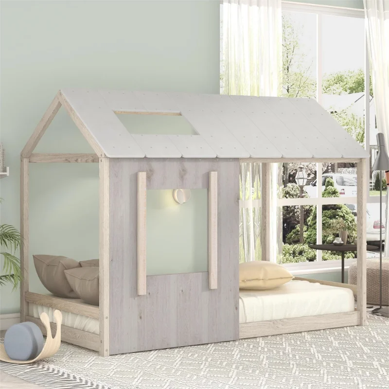 Двухспальная кровать Euroco Wood Twin Classic House на платформе с крышей и окном для детской спальни, серый