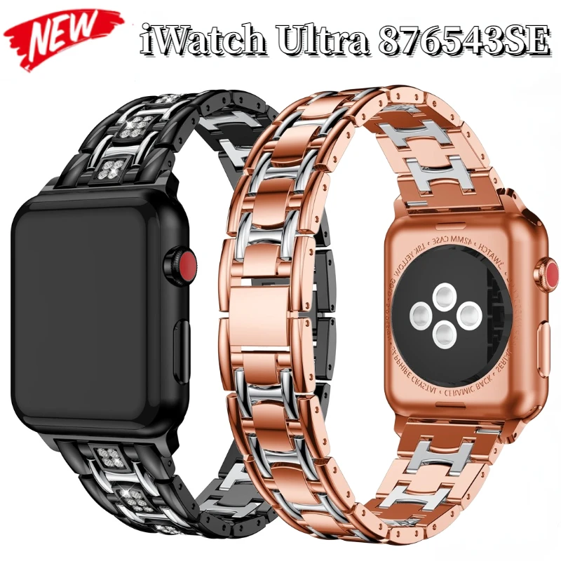 Двухцветный Металлический Ремешок с бриллиантами для Apple Watch Band Ultra 8 7 6 5 4 3 SE, Сменный Браслет для iWatch 49 мм 45 мм 41 мм 44 мм 40 мм