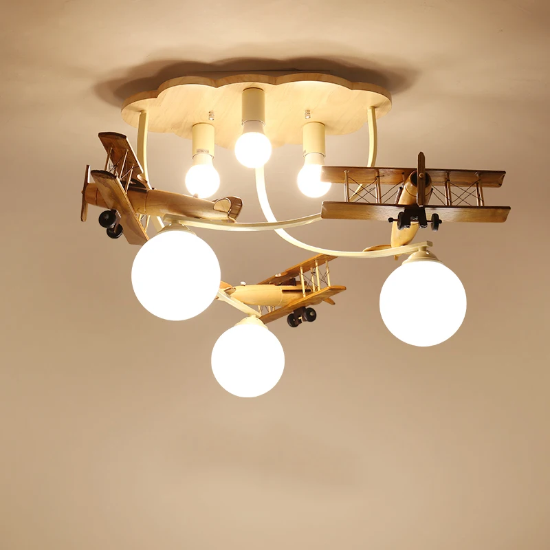 Деревянная плоская лампа Креативная люстра в виде самолета для детской комнаты, потолочные светильники в детской спальне для мальчиков LED E27