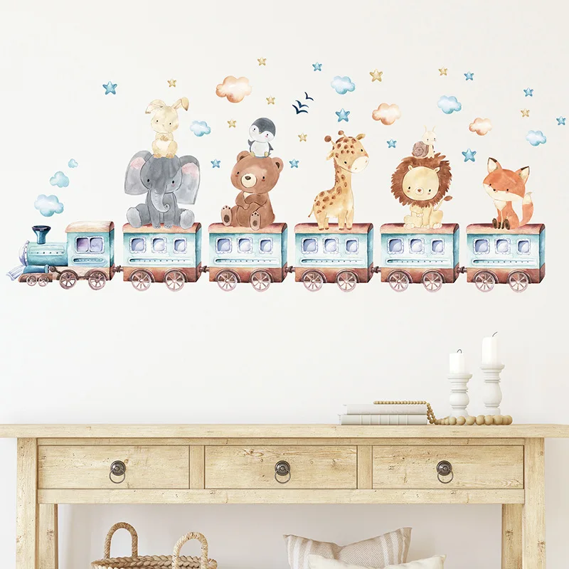 Детская комната, акварельная живопись животных, слонов, жирафов, медведей, лис, наклейки на стены, наклейки для украшения дома