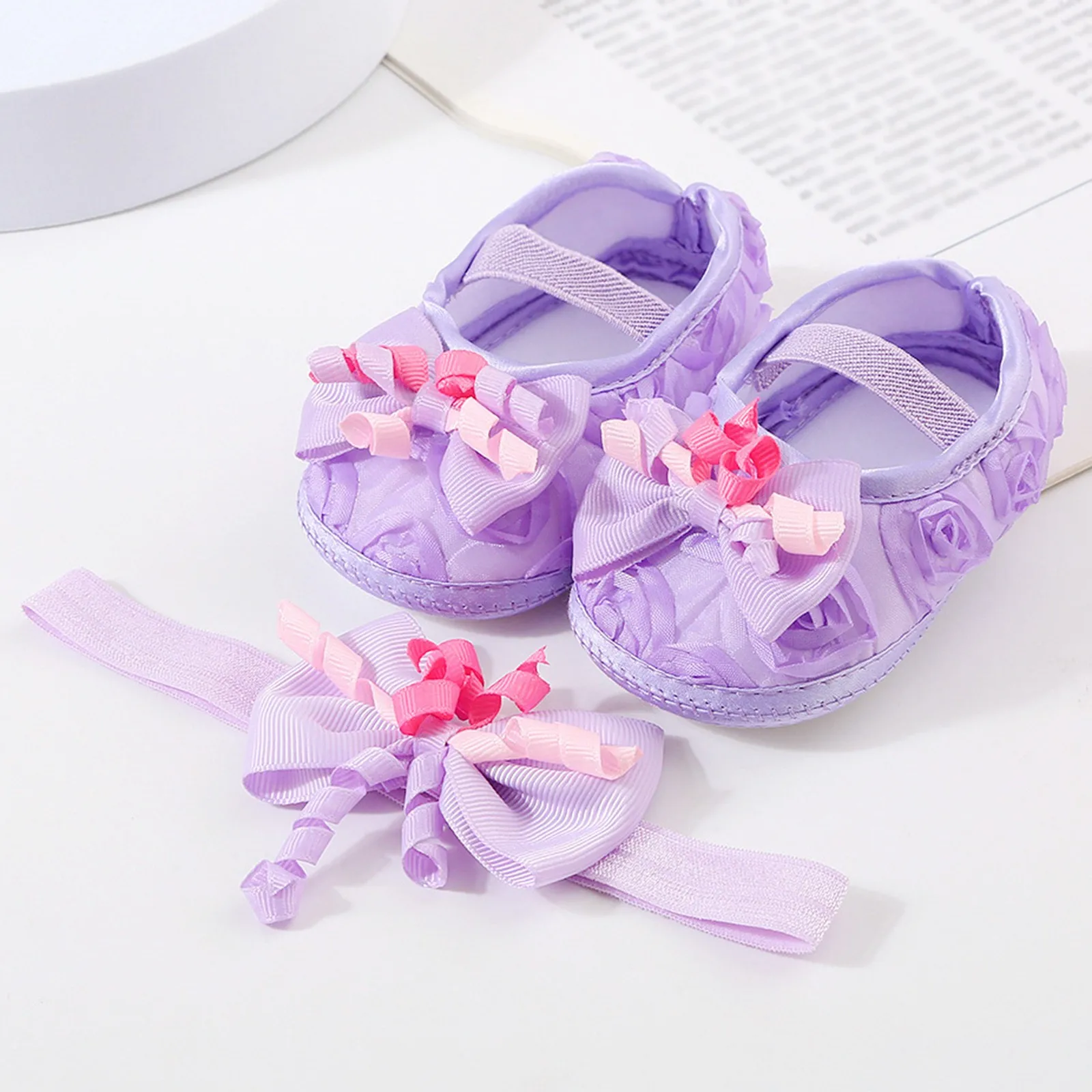 Детская обувь на мягкой подошве, обувь для малышей, платье с цветочным бантом, обувь для крещения, обувь для первых ходоков, обувь принцессы с повязкой на голову, Наряды из 2 предметов