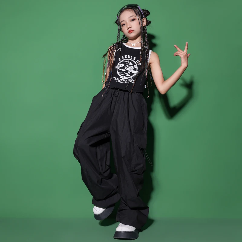 Детские костюмы в стиле хип-хоп, укороченный жилет на бретелях, Черные мешковатые брюки-карго для девочек, джазовый танцевальный костюм, подростковая одежда