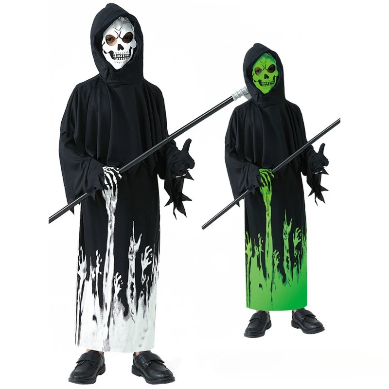 Детский костюм для косплея на Хэллоуин, светящиеся в темноте костюмы с черепами вампиров, детский костюм Жнеца для маскарада на сцене
