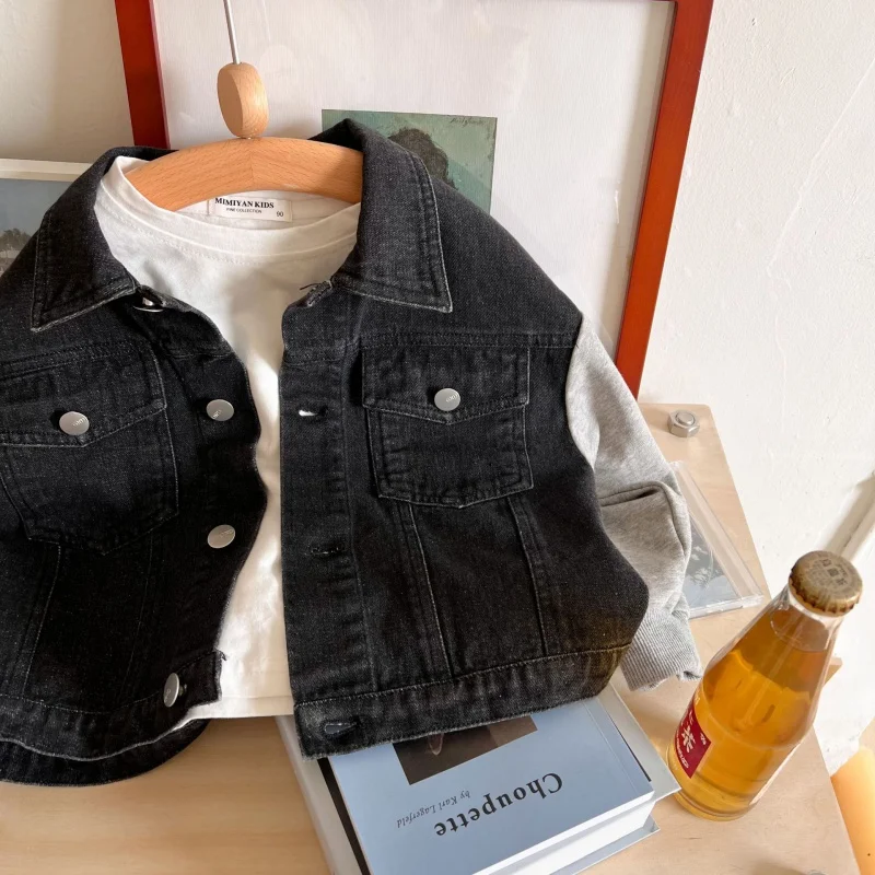 Детское пальто 2023 Осень, Новая джинсовая куртка в стиле пэчворк для мальчиков и девочек, модная детская однобортная рубашка