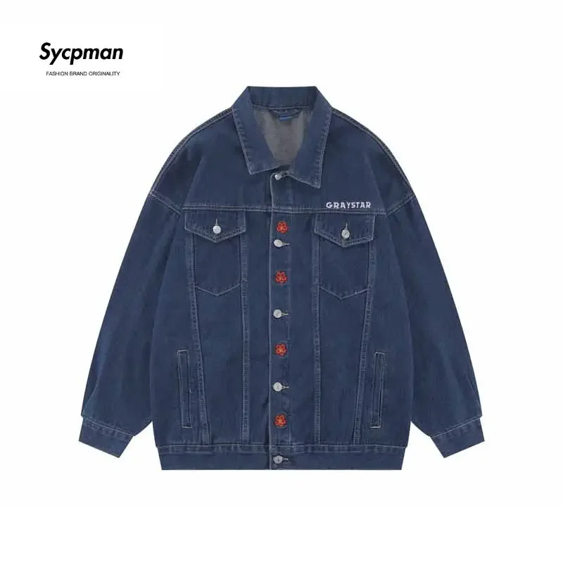 Джинсовая куртка с цветочной вышивкой Sycpman для мужчин, весенне-осенняя пара, свободная уличная одежда, повседневные куртки