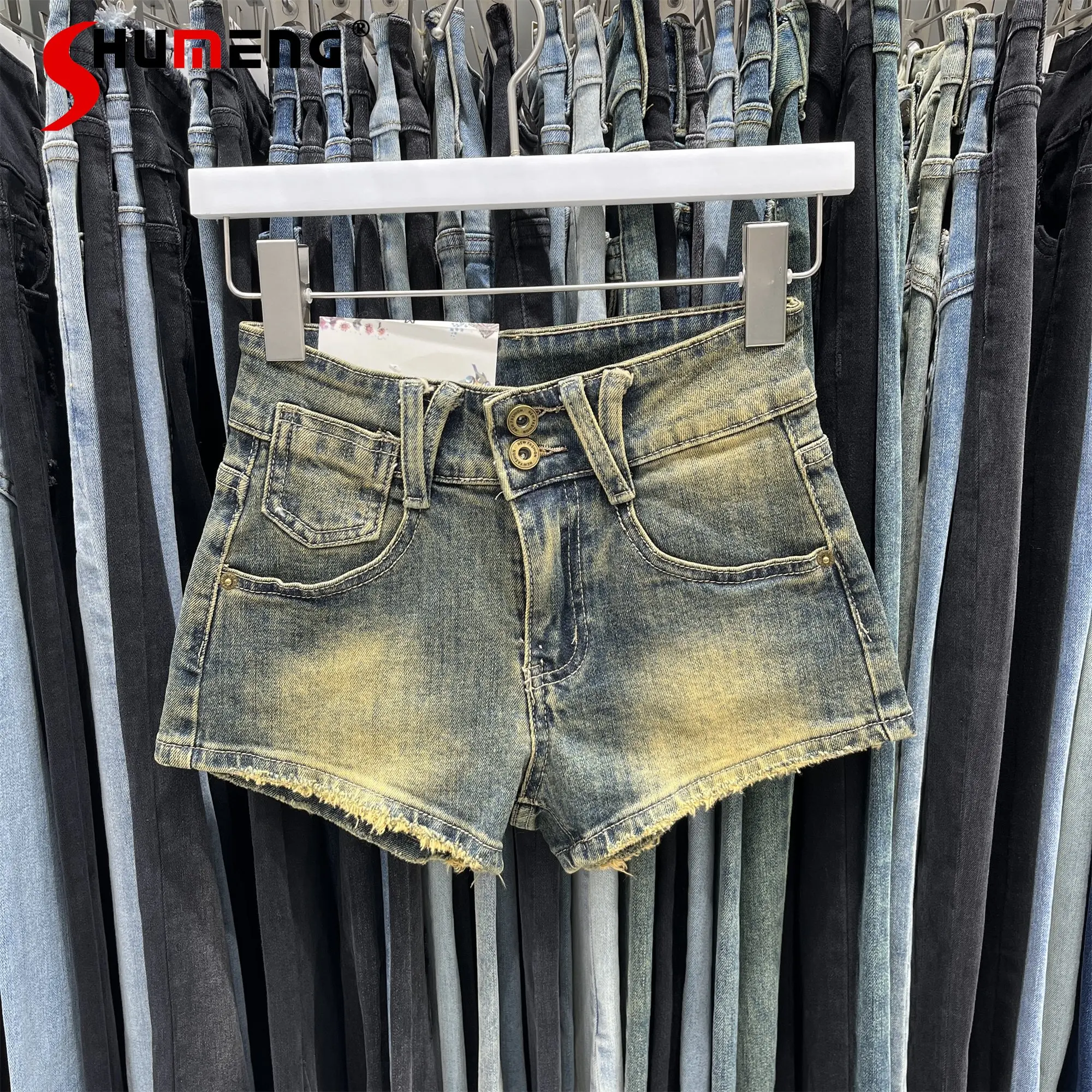 Джинсовые шорты в американском стиле в стиле ретро для женщин, летние новинки 2023, короткие джинсы с высокой талией, облегающие, удлиненные брюки трапециевидной формы, модные