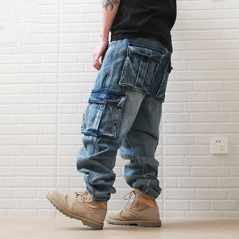 Джинсы в стиле хип-хоп с большим карманом, мужские джинсовые брюки-карго, свободные мешковатые толстые ноги, Сильно выстиранные брюки, мужские большие размеры 42 44