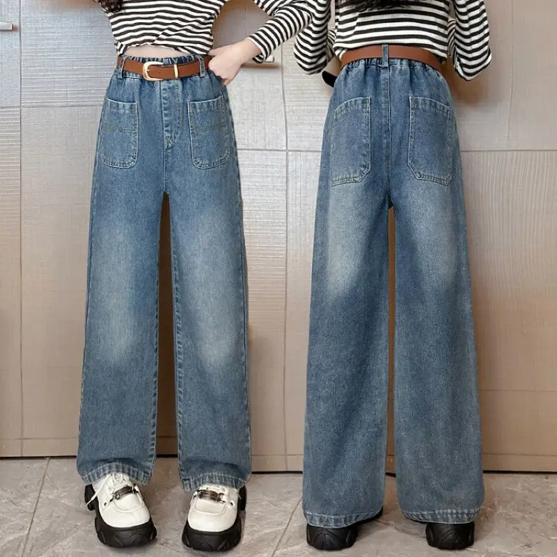 Джинсы для девочек-подростков, Весна-осень, свободные прямые джинсовые брюки для детей, модные повседневные детские брюки для детей 12, 13, 14 лет, эластичный пояс